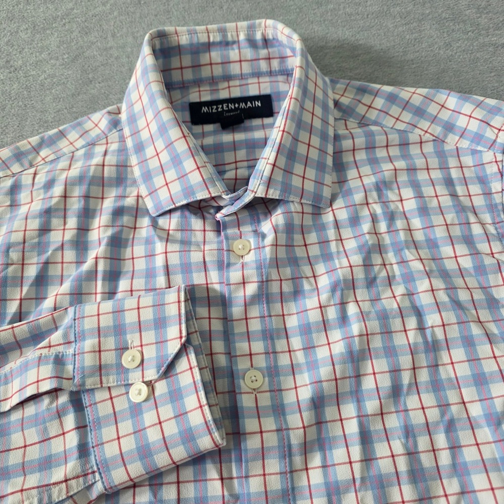 Mizzen + Main Leeward Men Trim Fit Performance Plaid Button Down Shirt M Blue